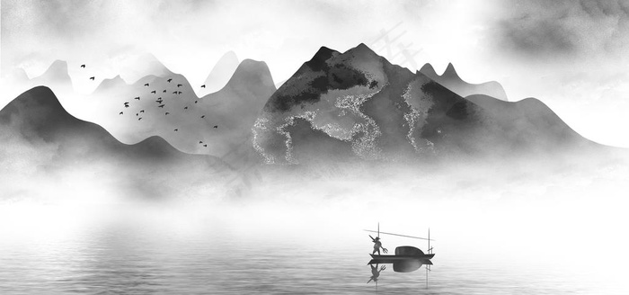 新中式水墨山水图片(4000X2000(DPI:150))psd模版下载
