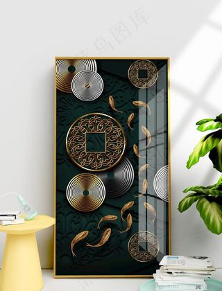 新中式抽象铜钱九鱼装饰画图片