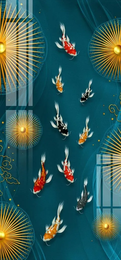 现代抽象金色线条九鱼图晶瓷画图片psd模版下载