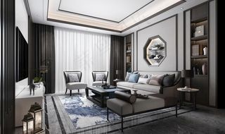 新中式 客厅 渲染图 三维图片