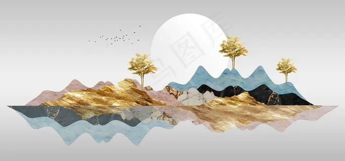 新中式金色岩石纹山水装饰画图片