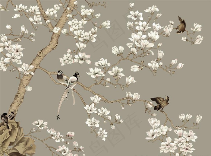 玉兰花花鸟图图片(8504X6548(DPI:72))psd模版下载