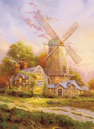 托马斯风景油画风车图片