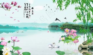 湖泊荷花背景墙图片