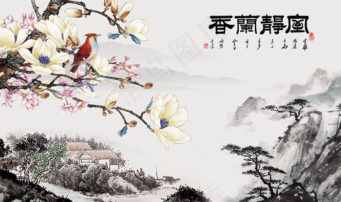 水墨花鸟中式背景墙图片(9072X5670(DPI:72))psd模版下载