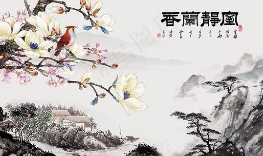 水墨花鸟中式背景墙图片