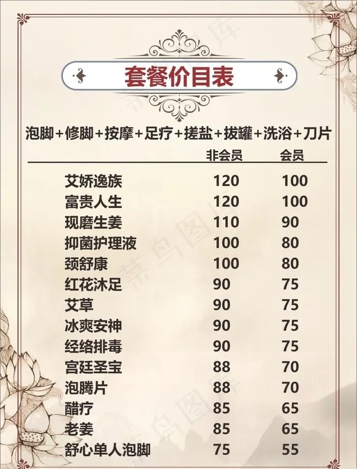 足疗价目表图片(210X297)cdr矢量模版下载