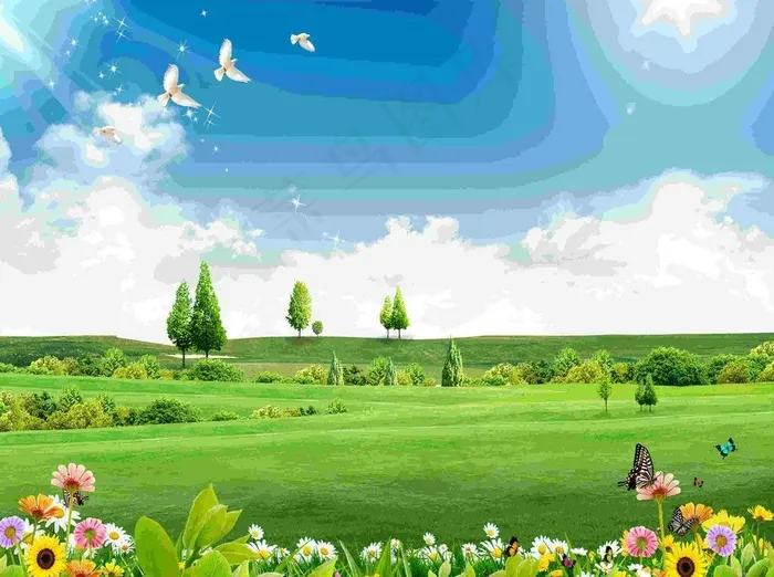 蓝天草地花草草地图片(3500X2717(DPI:300))psd模版下载