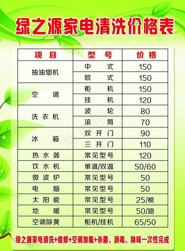 家电清洗价目表图片cdr矢量模版下载