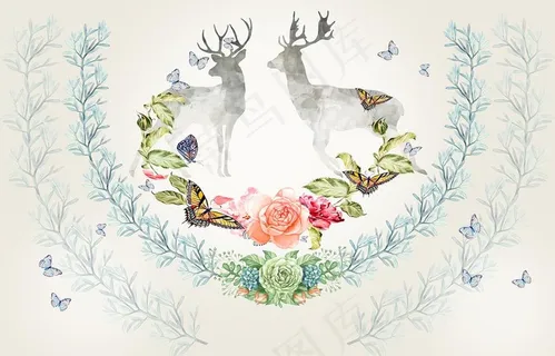北欧 麋鹿 水彩图片