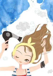 卡通美女吹头发图片