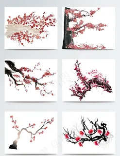 水墨风格梅花桃花树插画图片 水墨风格梅花桃花树插画图片