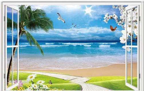 3D窗户大海沙滩草地热带树背景图片