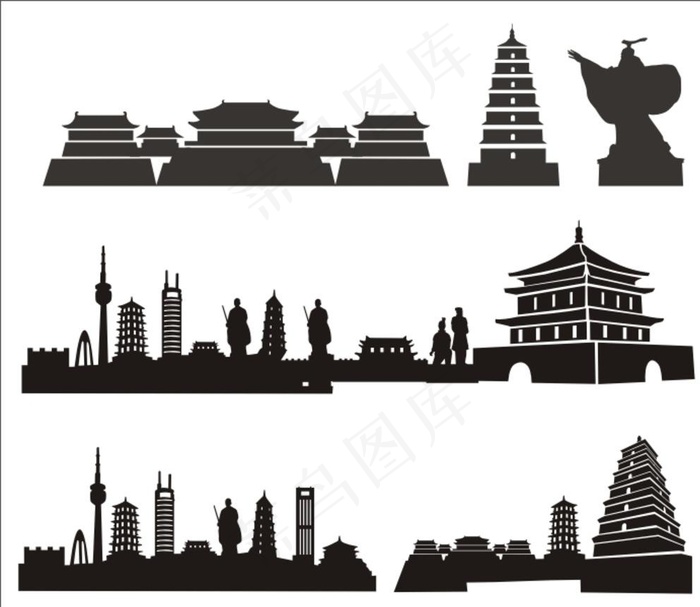 西安地标建筑剪影图片