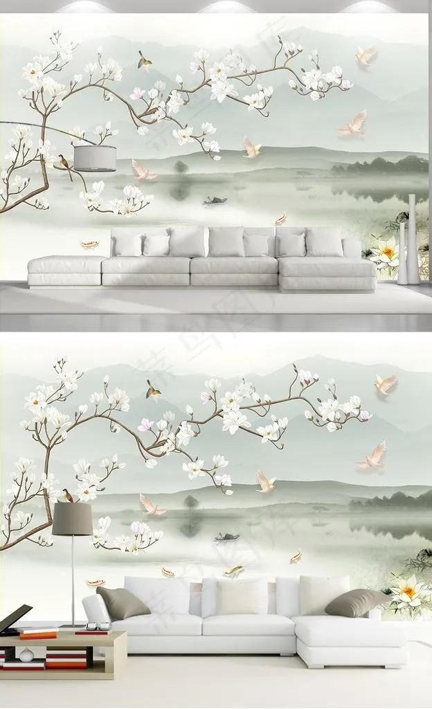 现代手绘新中式工笔花鸟背景墙图片(11906X7370(DPI:72))psd模版下载