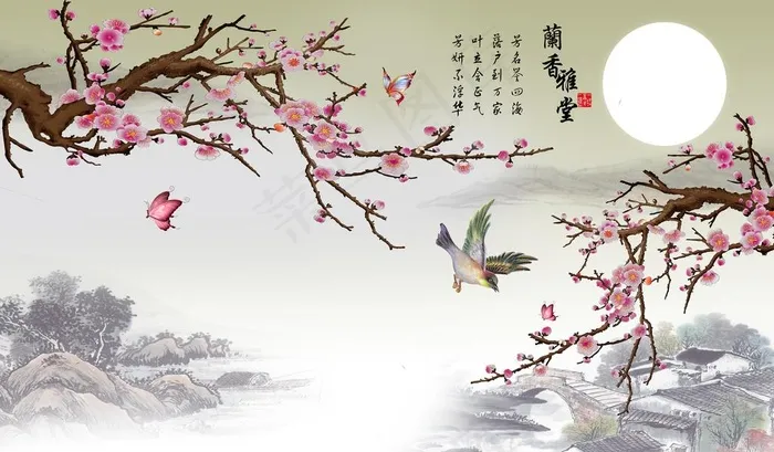 梅花花好月圆背景墙图片(8888X5477(DPI:96))psd模版下载