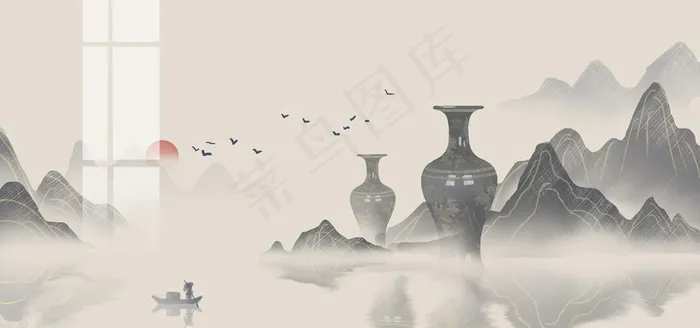 中国风水墨山水图片psd模版下载