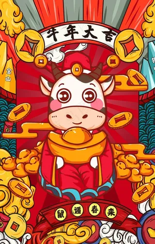 国潮插画 2021牛年图片