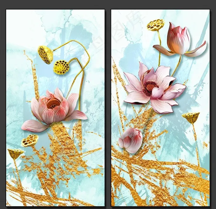 现代浮雕荷花抽象金箔装饰画图片psd模版下载