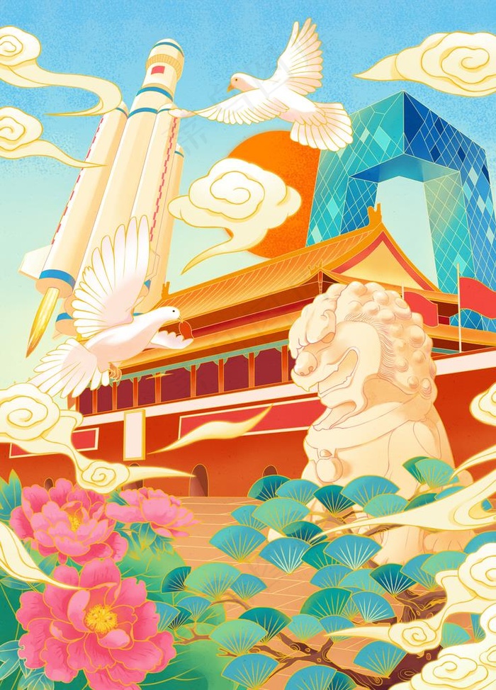 中国风建筑祥云 牡丹插画图片