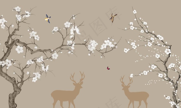 新中式花鸟鹿背景墙图片(9071X5669(DPI:72))psd模版下载