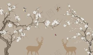 新中式花鸟鹿背景墙图片