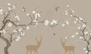 新中式花鸟鹿背景墙图片