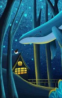 森林鲸鱼插画卡通海报素材图片