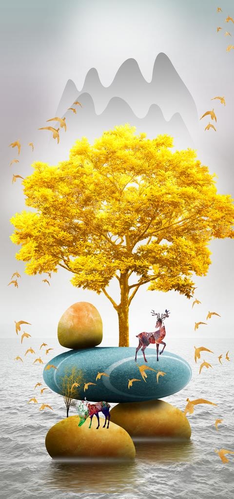 新中式轻奢发财树麋鹿玄关图片