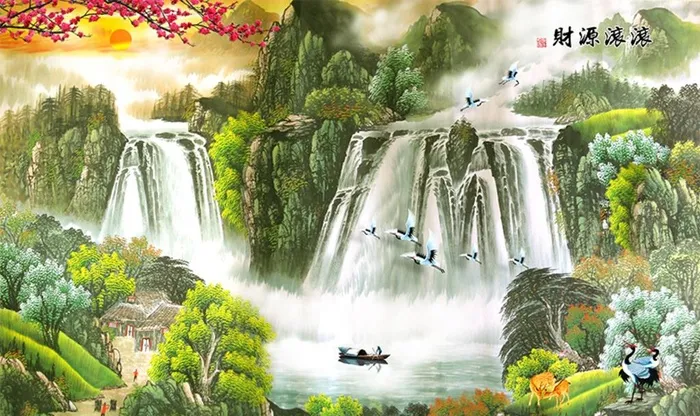 流水生财山水画中式背景墙图片(9071X5669(DPI:72))psd模版下载