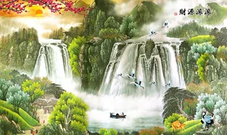 流水生财山水画中式背景墙图片