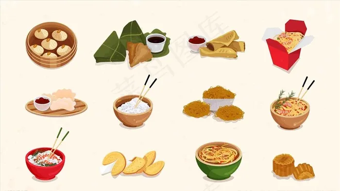 中国美食包子饺子春卷粽子五谷图片ai矢量模版下载