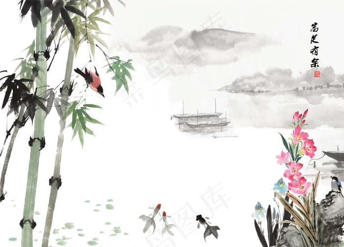 富贵有余 水墨竹子 玉雕山水图片(12598X9449(DPI:100))psd模版下载