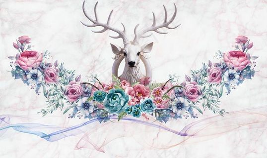 手绘麋鹿花瓶玫瑰花装饰画图片