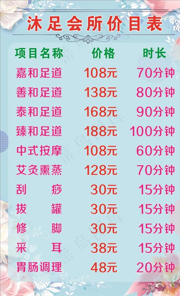 沐足价格表图片cdr矢量模版下载