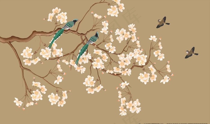中式梅花花鸟图片(9071X5669(DPI:72))psd模版下载