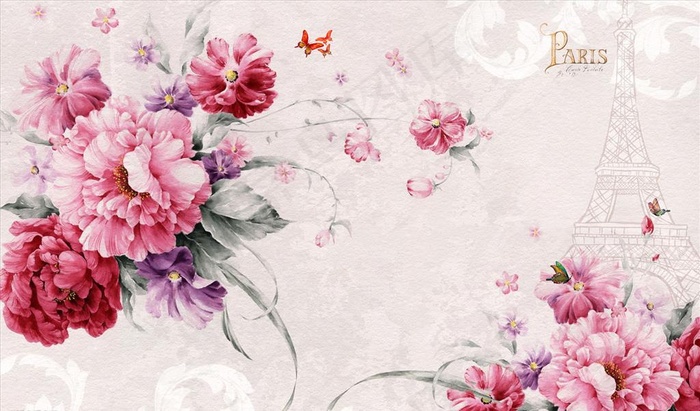 玫瑰 牡丹花背景墙图片(9071X5669(DPI:72))psd模版下载