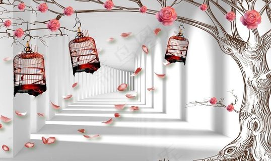 3D走廊大树背景墙图片