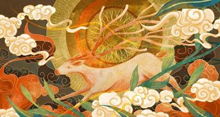 敦煌壁画古风传统墙画艺术神鹿图片