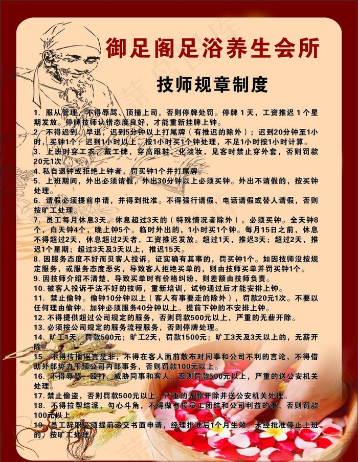 足浴 规章制度图片(210X297)cdr矢量模版下载