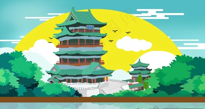 手绘滕王阁建筑图片(6298X3543(DPI:200))psd模版下载