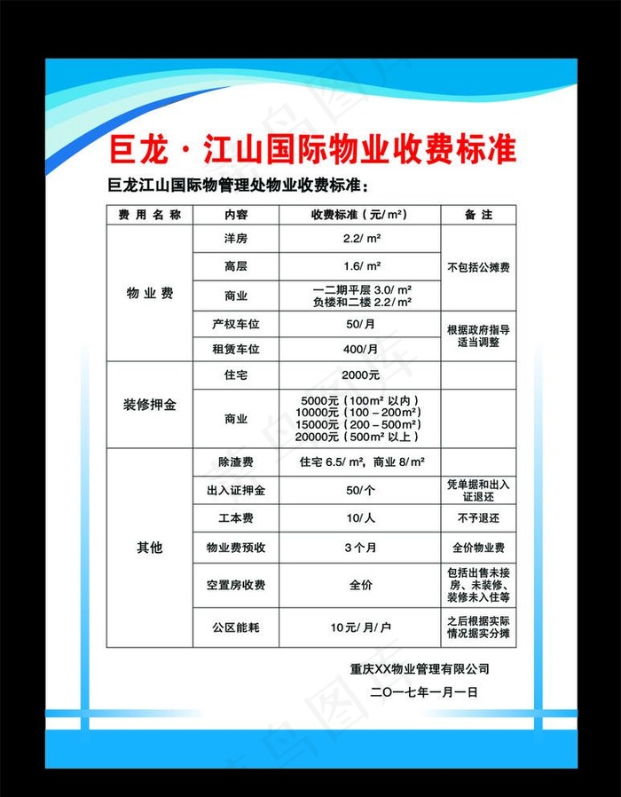 XX物业 收费标准图片cdr矢量模版下载