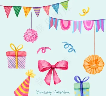8款水彩绘生日派对元素矢量图图片