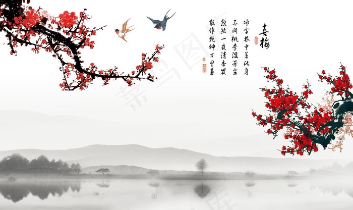 山水花鸟背景墙图片(9074X5669(DPI:72))psd模版下载