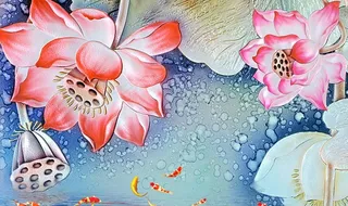 浮雕荷花九鱼图电视背景墙图片