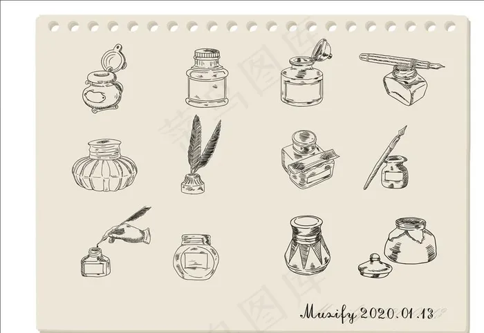 12款墨水瓶手绘稿图片cdr矢量模版下载