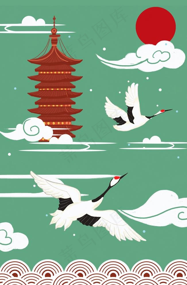 仙鹤国潮插画图片