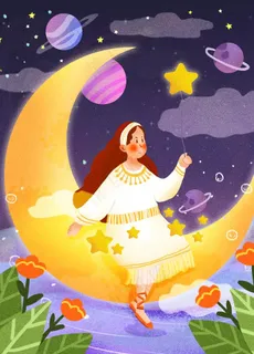 卡通月亮看星空图片