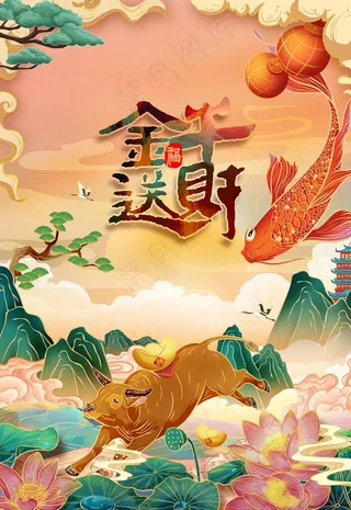 年画牛年国潮插画2021年春节图片