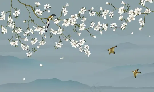 工笔花鸟背景墙装饰画图片